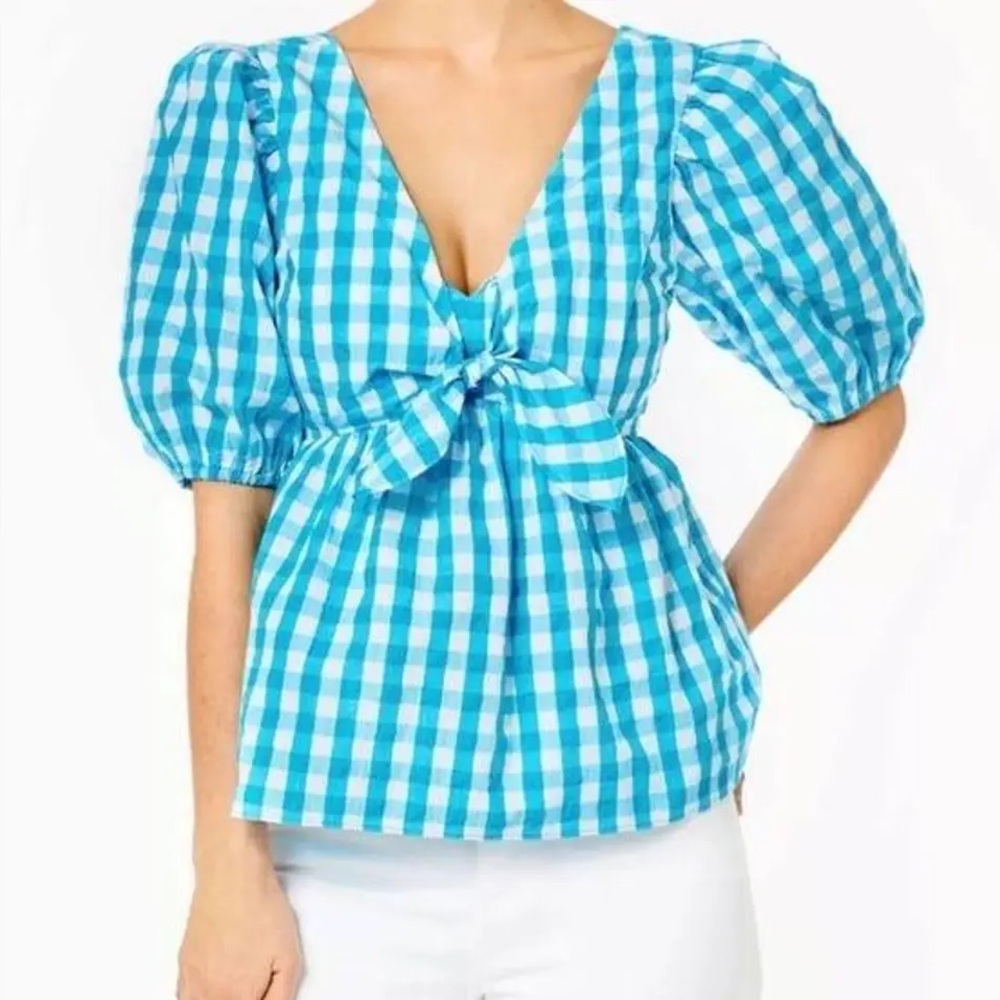 NWT Lilly Pulitzer Gingham Blouse Top Summer Puff Sleeve Babydoll Feminine Vneck